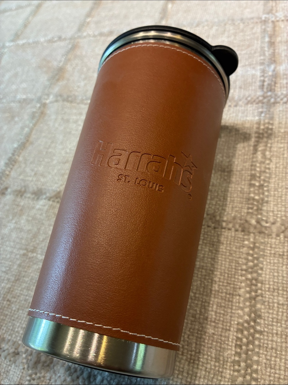 Harrahs casino St Louis ICON Brown Leather-Style Stainless Travel Tumbler.